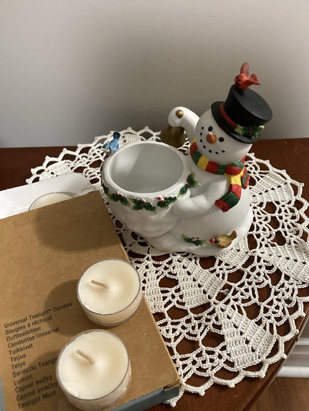 PartyLite Festive Snowman Tea Light Holder in White with Red & Green Accents